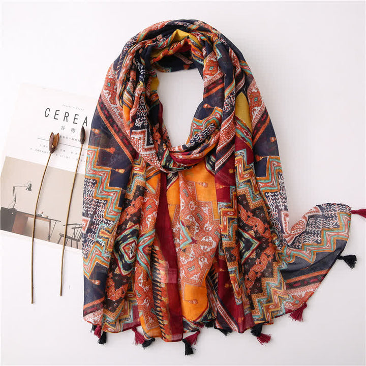 Women's Bohemian Print Floral Tassel Scarf