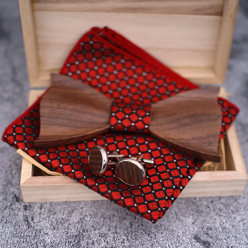 3Pcs Men's 3D Black Walnut Wooden Bow Tie Set