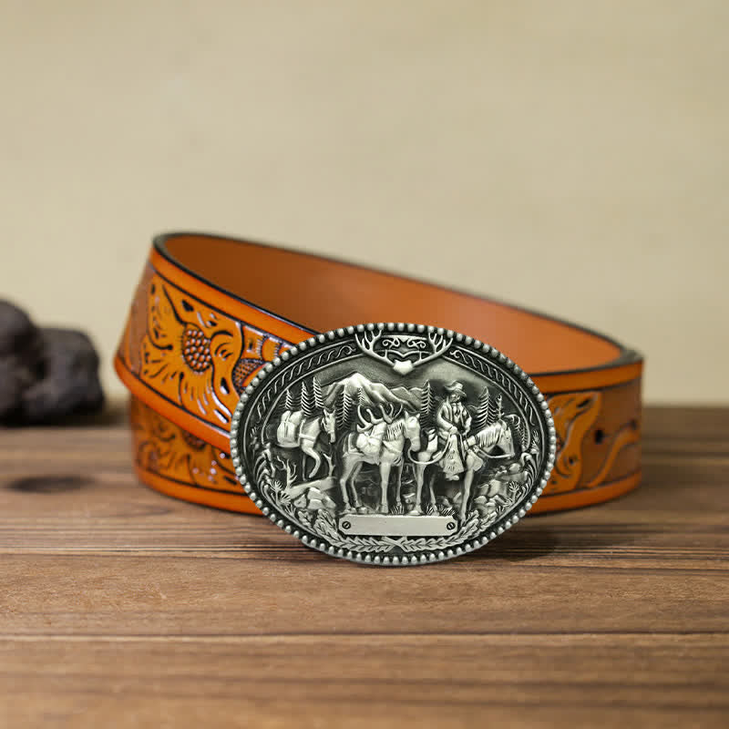 Men's DIY Cowboy Knight Leading Horse Buckle Leather Belt