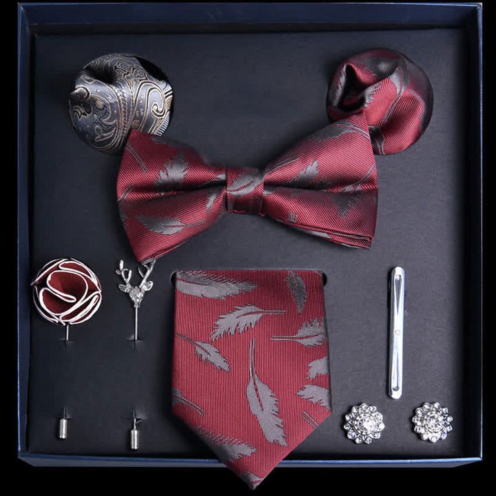 8Pcs DarkRed Leaves Flower Vogue Necktie Bow Ties Gift Box - DarkRed - image 0