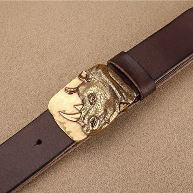 Men's Gold Rhino Plate Buckle Leather Belt