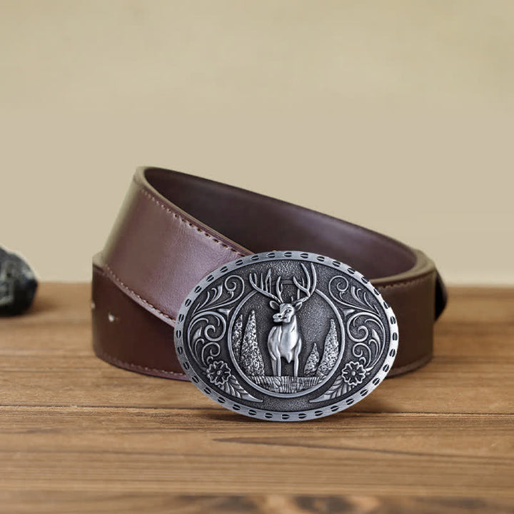 Men's DIY Forest Deer Oval Buckle Leather Belt