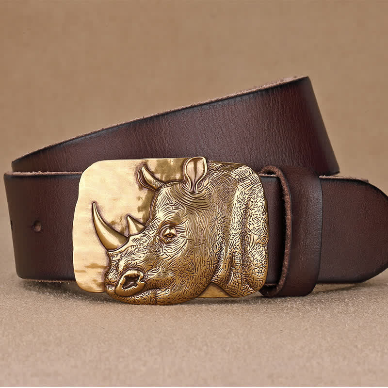 Men's Gold Rhino Plate Buckle Leather Belt