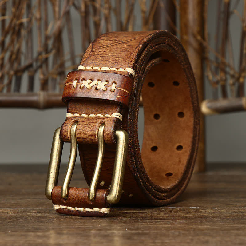 Men's Distressed Double Needle Buckle Leather Belt - image 3