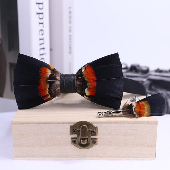 Black & Orange Feather Bow Tie with Lapel Pin