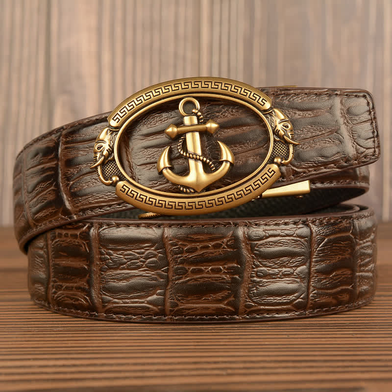 Men's Nautical Anchor Crocodile Embossed Leather Belt