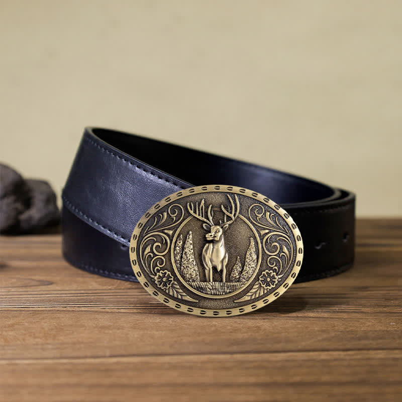 Men's DIY Forest Deer Oval Buckle Leather Belt