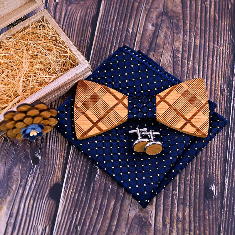 4Pcs Men's Carved Plaids Wooden Bow Tie Set