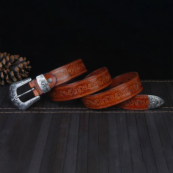 Unisex Rustic Texture Flower Printing Leather Belt