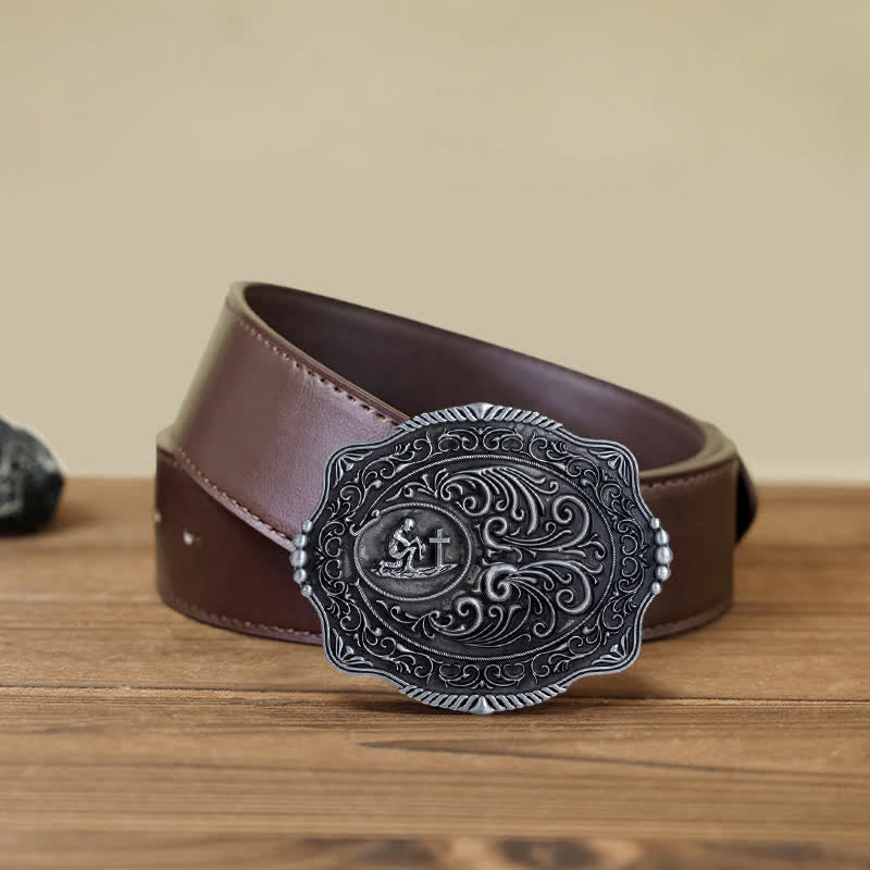 Men's DIY Engraved Floral Earnest Prayer Buckle Leather Belt