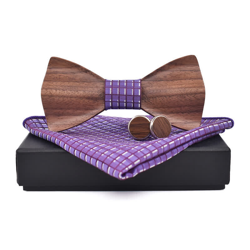 3Pcs Men's Black Walnut Wooden Bow Tie Set