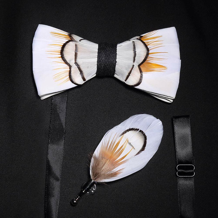 Beige Elegant Feather Bow Tie with Lapel Pin