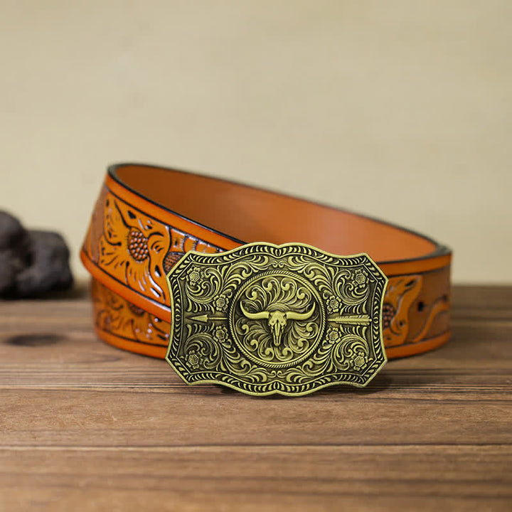 Men's DIY Long Horn Bull Arrow Buckle Leather Belt