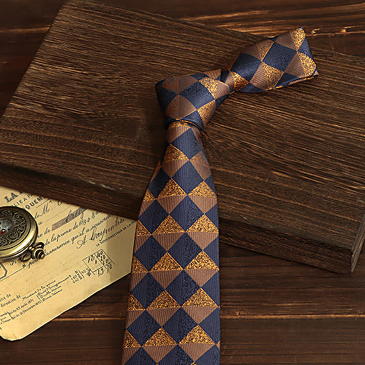 Men's Rustic Gold & Navy Checked Necktie - image 2