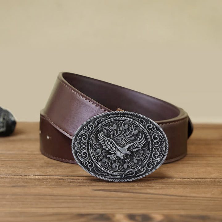 Men's DIY Soaring Eagle Engraved Floral Buckle Leather Belt