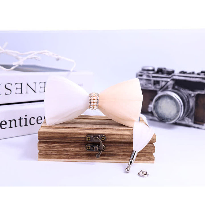 Blush & White Shiny Pearl Feather Bow Tie with Lapel Pin