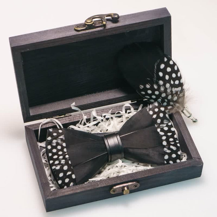 Black Polka-dotted Feather Bow Tie with Lapel Pin