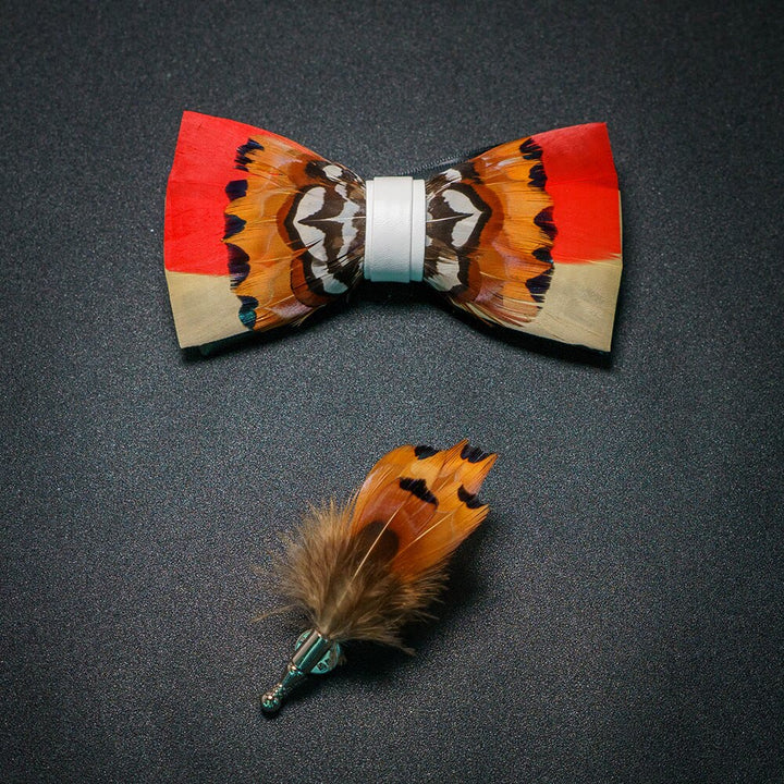 Orange & White Lively Feather Bow Tie with Lapel Pin