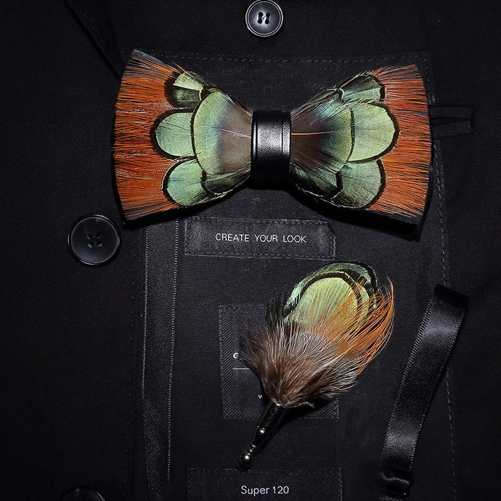 Kid's Lightgreen & Brown Feather Bow Tie