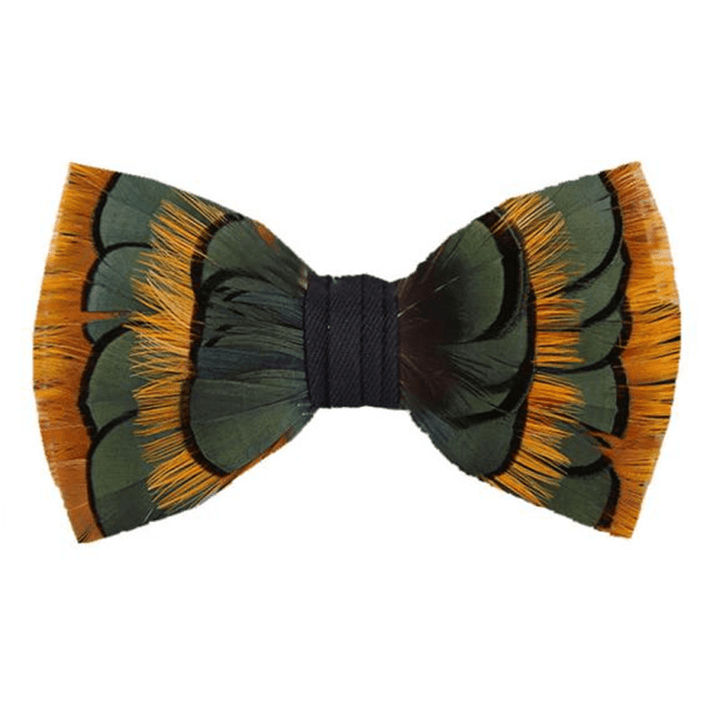 DarkGreen & Yellow Layered Feather Bow Tie