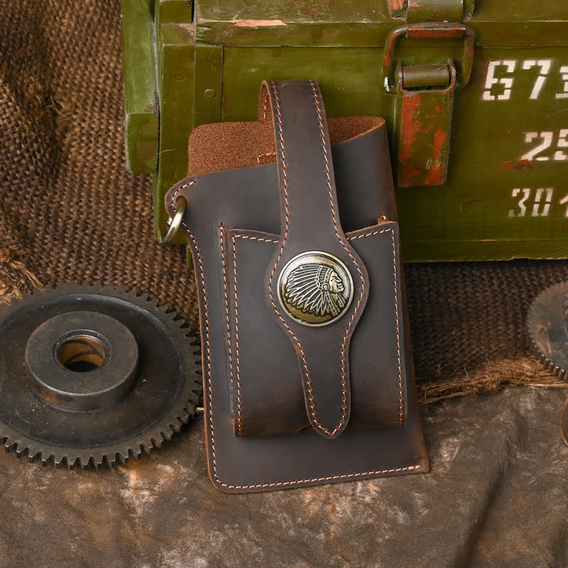 Phone Holster Magnetic Button Crazy Horse Leather Belt Bag