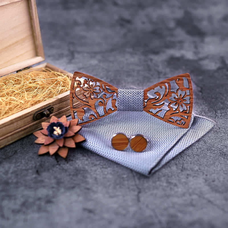 4pcs Men's Hollow Floral Wooden Bow Tie Set