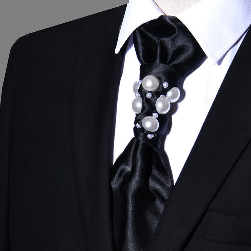 Men's Vintage Look Pearls Wedding Necktie - Black - image 6