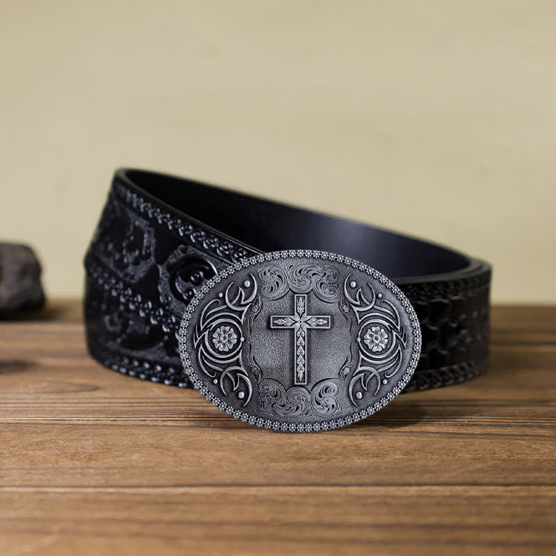 Men's DIY Faith Cross Floral Buckle Leather Belt