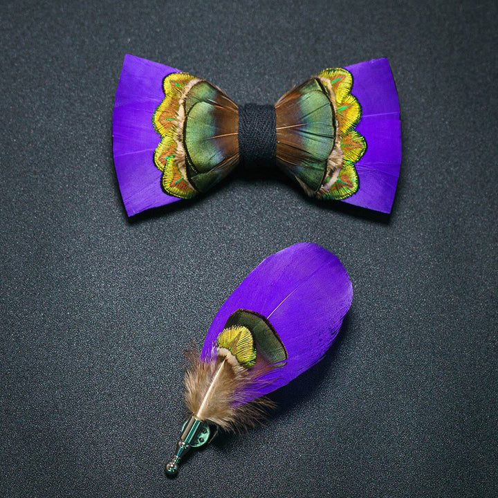 Purple & Green Royal Feather Bow Tie with Lapel Pin