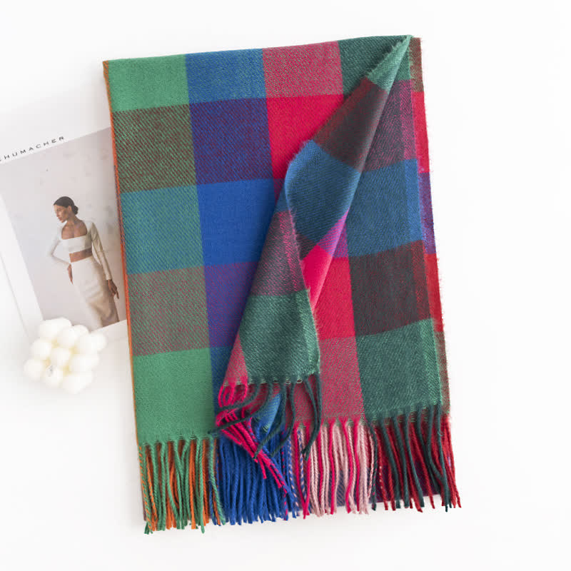 Women's Bright Vivid Colors Fringed Scarf - Rose Red & Green - image 16