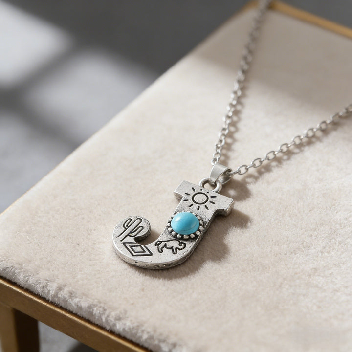Vintage Initial Letter Turquoise Charm Necklace - J - image 12