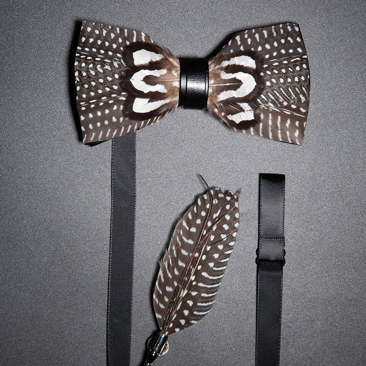 Brown & White Spots Feather Bow Tie with Lapel Pin