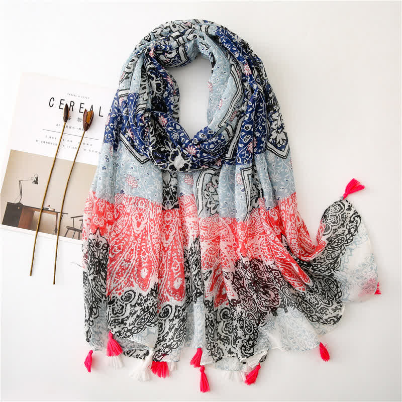 Women's Bohemian Print Floral Tassel Scarf