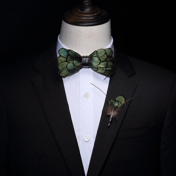 DarkOliveGreen Classic Feather Bow Tie with Lapel Pin