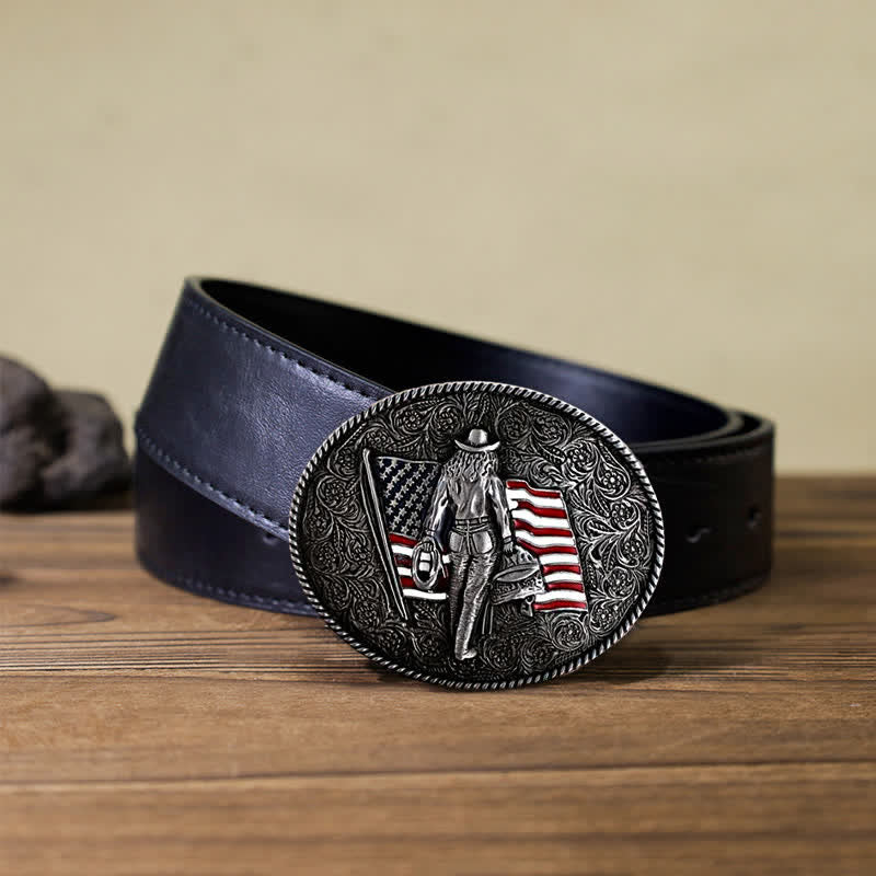 Men's DIY Cowboy American Flag Buckle Leather Belt