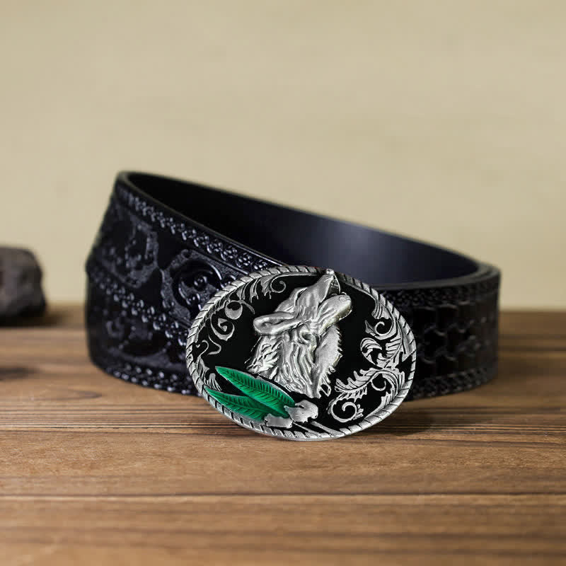 Men's DIY Howling Wolf Head Buckle Leather Belt