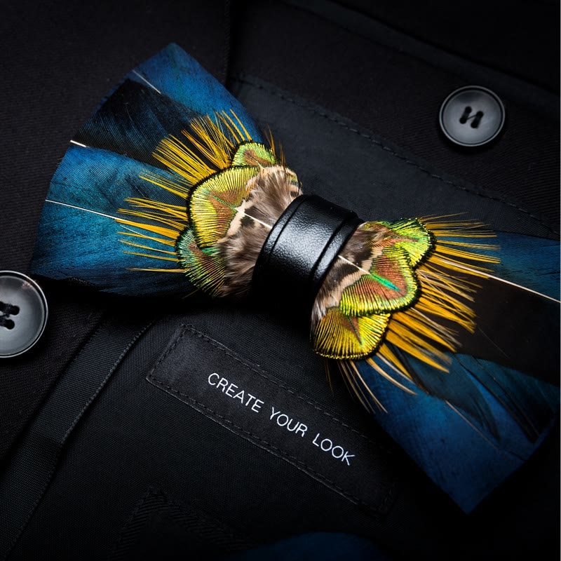 Kid's Blue & Yellow Peacock Feather Bow Tie with Lapel Pin