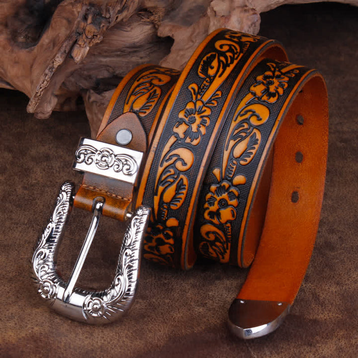 Unisex Vintage Small Rose Embossing Leather Belt