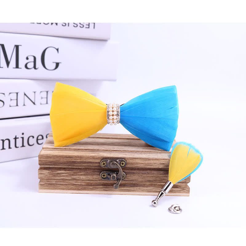 Yellow & Blue Shiny Pearl Feather Bow Tie with Lapel Pin