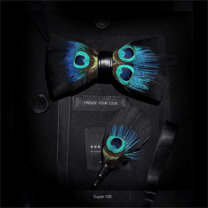 Kid's Black & Blue Peacock Eye Feather Bow Tie with Lapel Pin