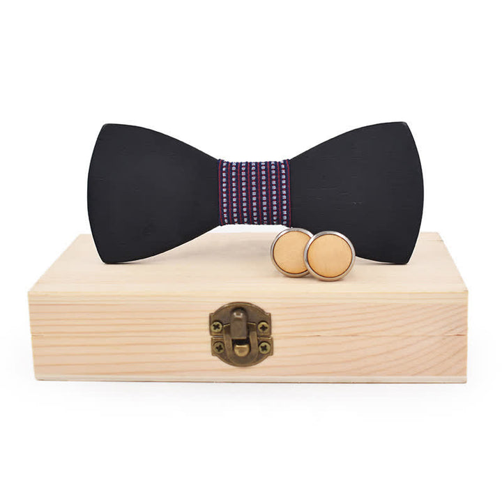 2Pcs Men's Black Wooden Bow Tie Cufflinks Set