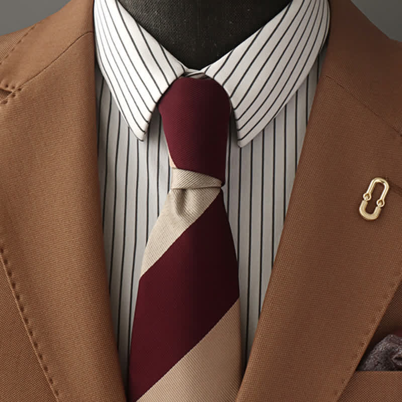 Men's Beige & Burgundy Diagonal Striped Necktie - Beige & Burgundy - image 0