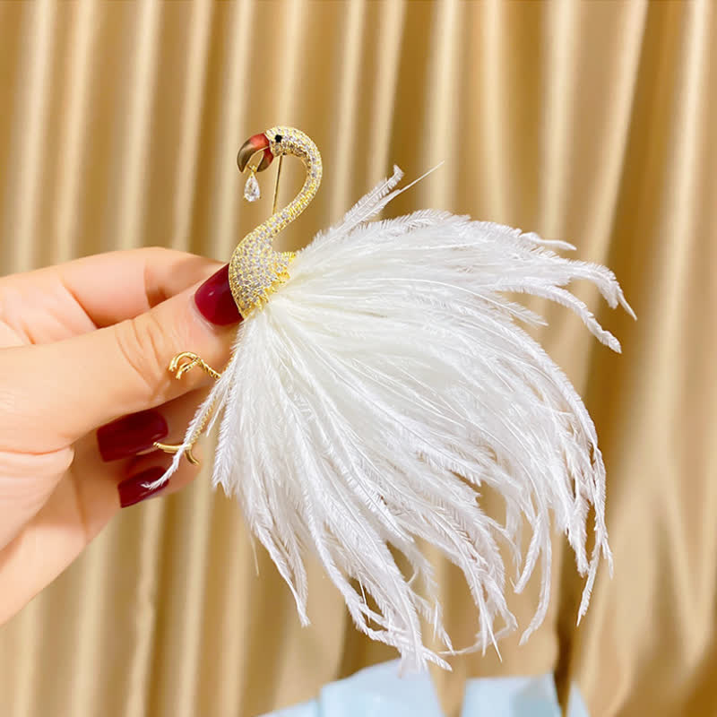 Sparkling Flamingo Zircon Feather Brooch