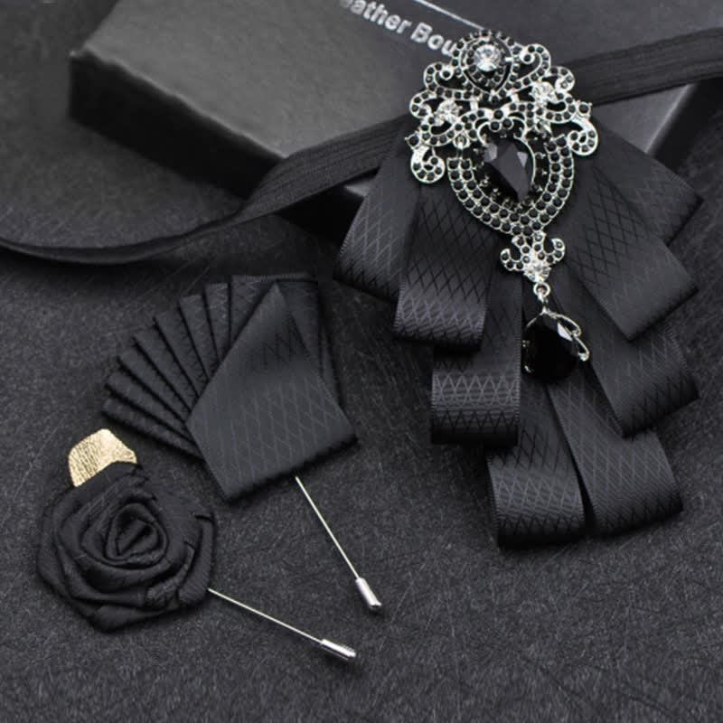 3Pcs Plaid Black Rhinestone Bow Tie Set