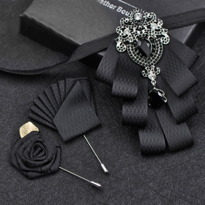 3Pcs Plaid Black Rhinestone Bow Tie Set