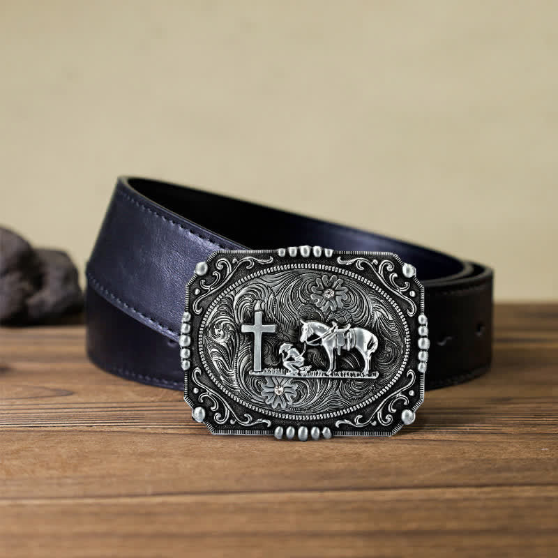 Men's DIY Horse Cross Kneeling Prayer Buckle Leather Belt