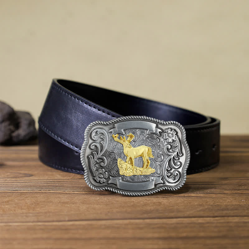 Men's DIY Gold Carving Animal Buckle Leather Belt - Deer - Black PU Belt (40) - image 30