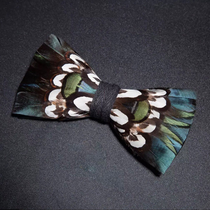 DarkCyan Teal Feather Bow Tie with Lapel Pin