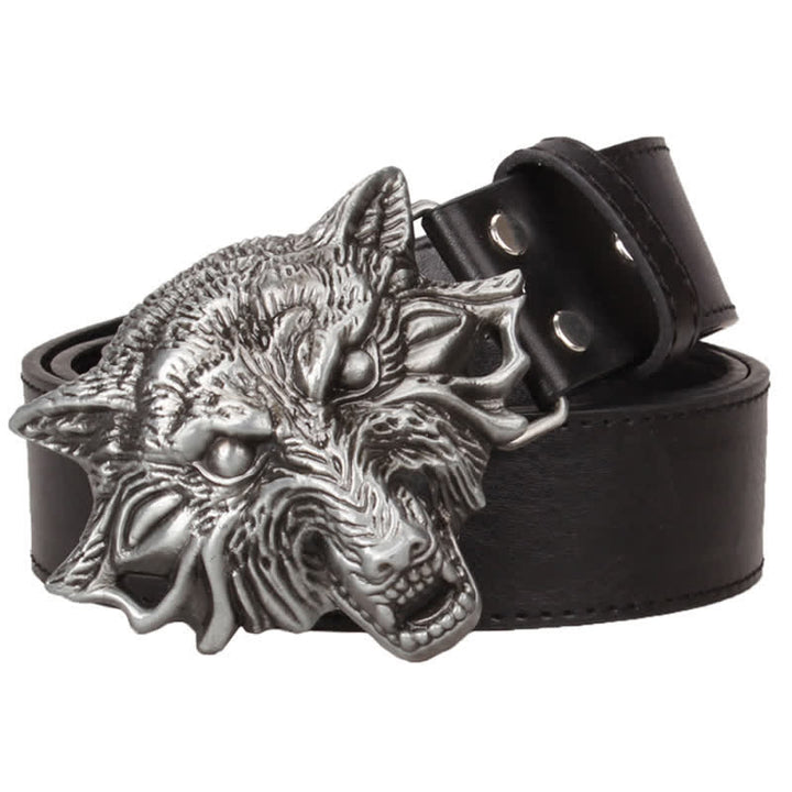 Men's Fierce Wolf Head Engraving Animals Leather Belt