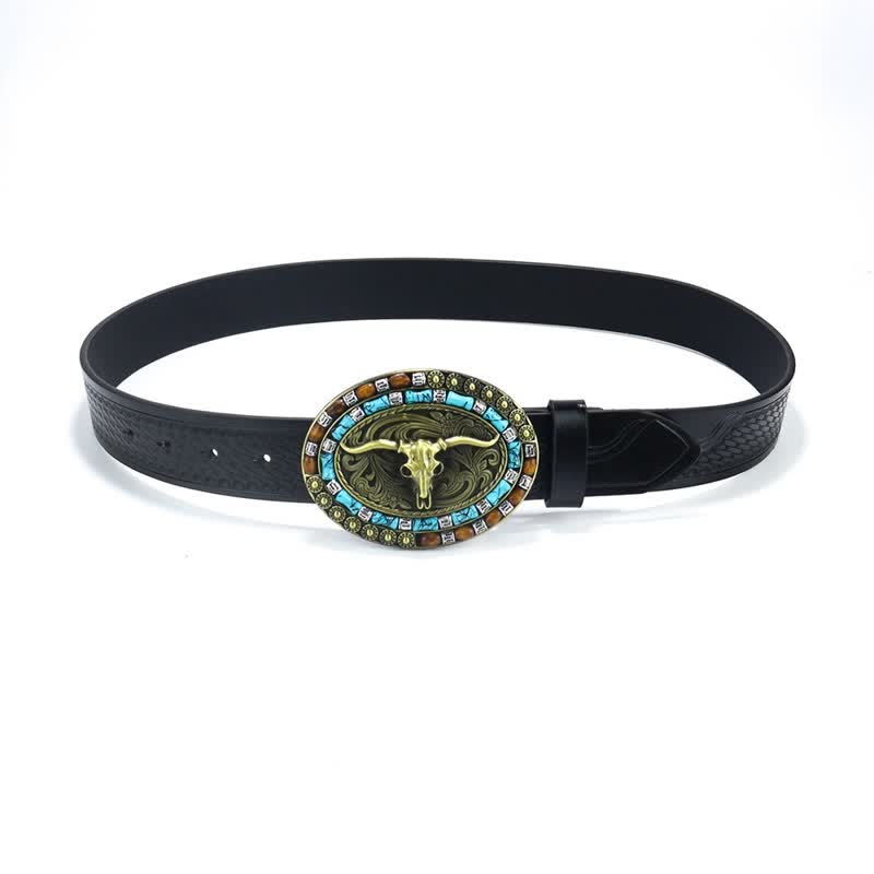 Men's Western Cowboy Turquoise Bull Leather Belt